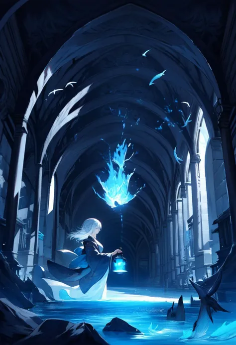 masterpiece,great,best,1girl,solo,floating water,(blue theme:0.5),kimono,holding lantern,dense,floating fish,fantasy,indoors,hallway,fantasy,white hair,contrast composition,from side,splash,waterfall,glowing water,underlighting,dark corridor,