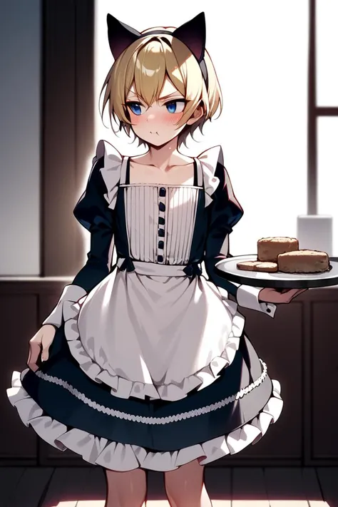 (masterpiece:1.3),great,best,1boy,femboy,solo,maid,blush,blonde hair,male focus,short hair,blue eyes,looking away,standing,tray,cat ears,wall,window,nature,indoors,frilled dress,facing viewer,fake animal ears,collarbone,pout,angry, puffy sleeves, (holding tray: 0.5), frilled skirt,