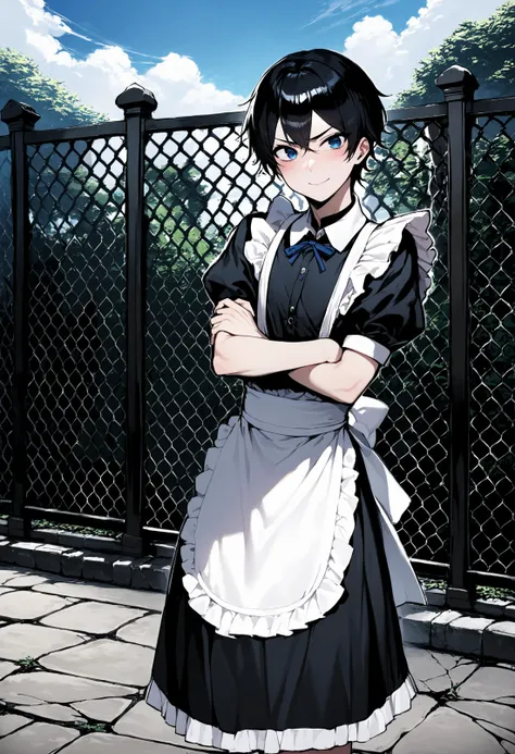 (masterpiece:1),great,best,1boy,femboy,male focus,solo,smile,maid,outdoors,blue eyes,blush,smile,short hair,black hair,sky,stone floor,fence,nature,standing,crossed arms, angry