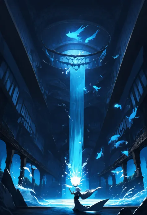 masterpiece,great,best,1girl,solo,floating water,(blue theme:0.5),kimono,holding lantern,dense,floating fish,fantasy,indoors,hallway,fantasy,white hair,contrast composition,from side,splash,waterfall,glowing water,underlighting,dark corridor,