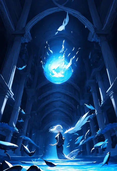 masterpiece,great,best,1girl,solo,floating water,(blue theme:0.5),kimono,holding lantern,dense,floating fish,fantasy,indoors,hallway,fantasy,white hair,contrast composition,from side,splash,waterfall,glowing water,underlighting,dark corridor,