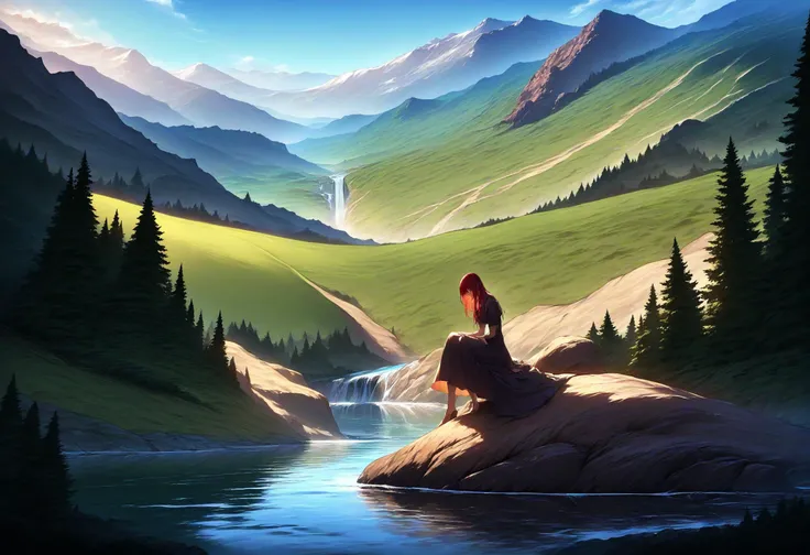 masterpiece,great,best,offcentered,1girl,sitting,scenery,nature,solo,river,rock,tree,mountain,hill,full body,dress,waterfall,cliff,red hair,dense, intricate