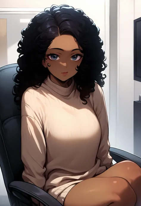 masterpiece,great,best,1girl,solo,dark-skinned female,sweater,black hair,indoors,office,chair,curly hair,