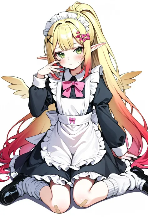 (masterpiece, best quality, ), watercolor \(artwork\),
BRAKE
1girl, green eyes, solo, maid headdress, socks, black footwear, long hair, dress, sitting, long sleeves, shoes, maid, elf ears, blonde hair, frills, puffy sleeves, apron, white apron, bandaid, multicolored hair, black dress, bandaid on leg, blush, hair ornament, wings, very long hair, nail polish, x hair ornament, looking at viewer, bow, red hair, detached wings, full body, closed mouth, mini wings, frilled apron, ponytail, puffy long sleeves, loose socks, hairclip, gradient hair, pink bow, striped clothes, bandaid on knee, frilled dress, hand up, red nails, black nails, blonde hair