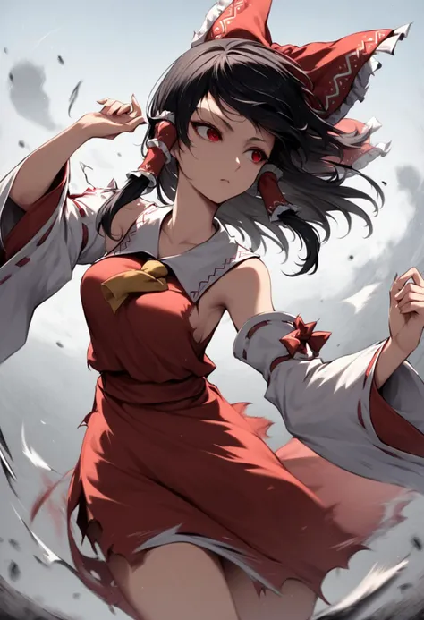 masterpiece,best,great,1girl,solo,hakurei reimu,flying,black hair,hair tube,miko,detached sleeves,collarbone,bare shoulders,medium hair,sky,midair,torn clothes,battle,red eyes,cowboy shot,medium breasts,wide sleeves,bow,spinning,hand up,