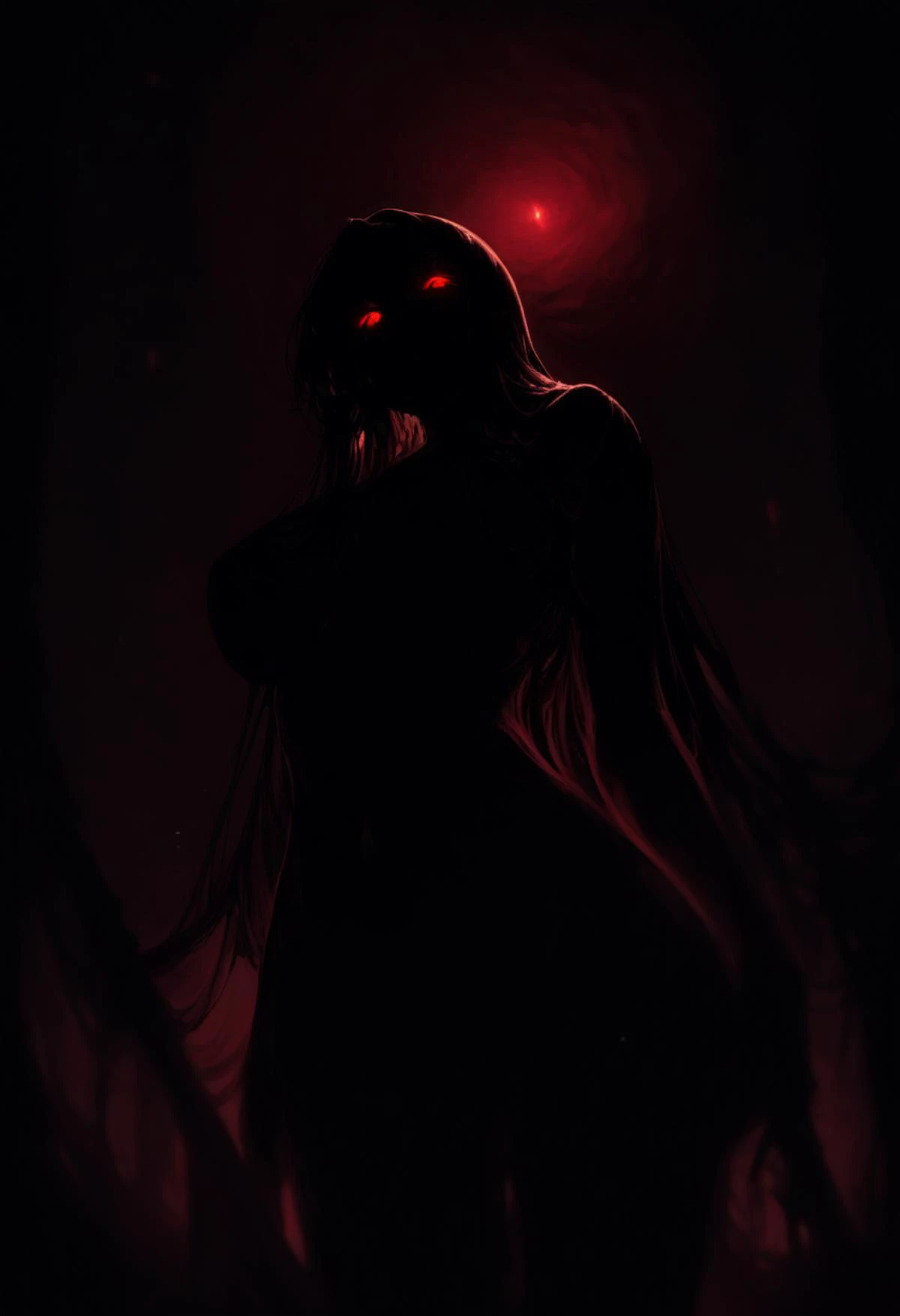 masterpiece,best,great,1girl,solo,large breasts,cowboy shot,ambient composition,(dark composition:0.7),silhouette,glowing eyes,red eyes,