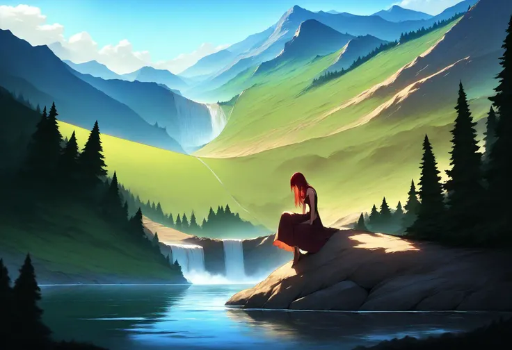 masterpiece,great,best,offcentered,1girl,sitting,scenery,nature,solo,river,rock,tree,mountain,hill,full body,dress,waterfall,cliff,red hair,