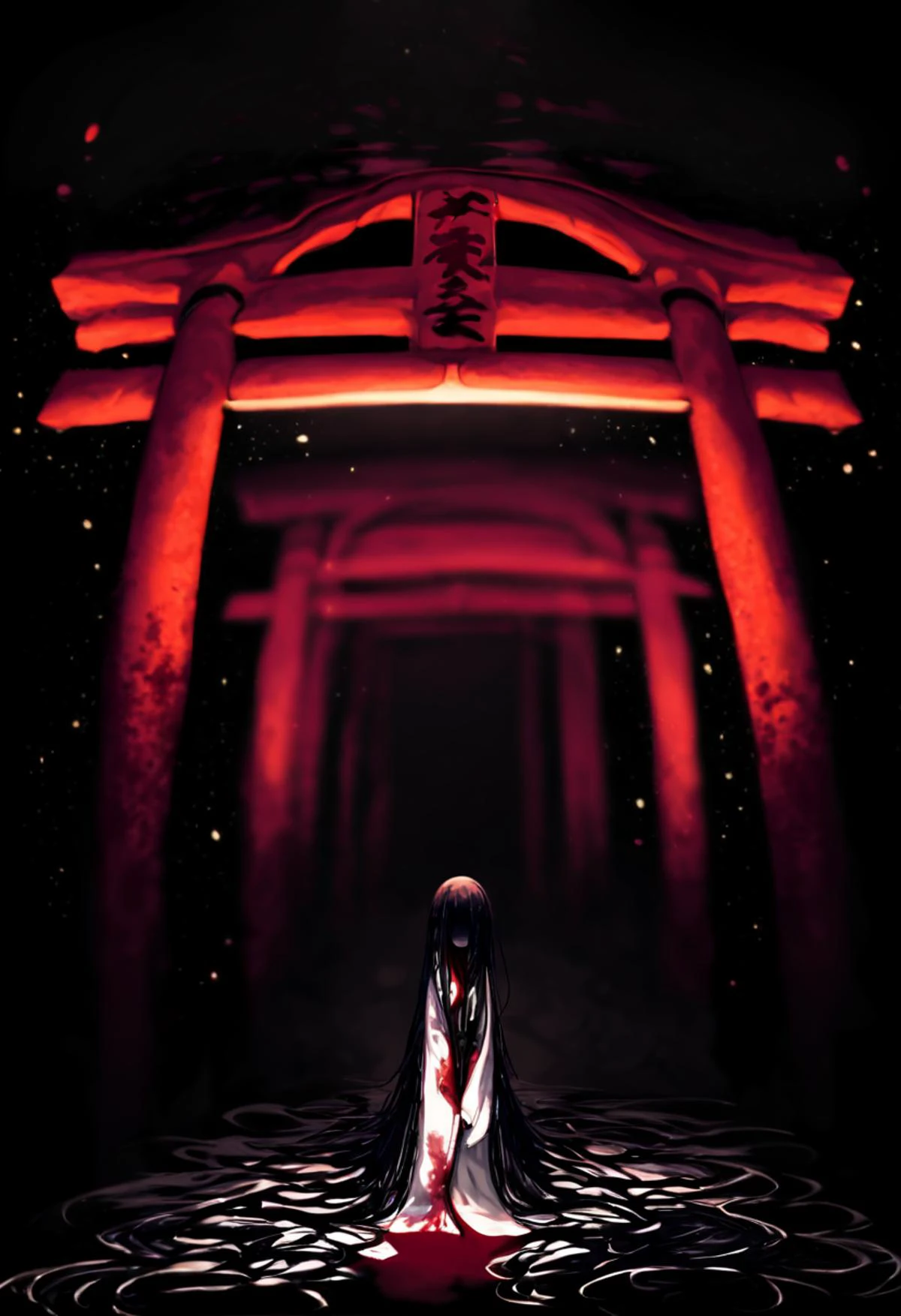 masterpiece,great,best,(ambient composition),(tegaki:0.2),partially_colored,reminiscent of blood,<lora:Fixhands_anime_bdsqlsz_V1:0.5>,night,1girl,japanese_clothes,hidden eyes,very long hair,black hair,messy hair,silhouette,japanese horror,dark theme,spooky atmosphere,red torii,