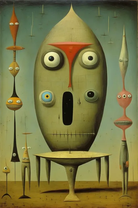 <lora:Victor Brauner Style:1>Victor Brauner Style - fantastic Midlibrary Guardian by Victor Brauner. Acid green hues