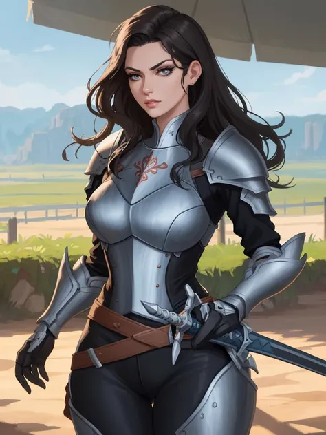 sfw, mature female:1.3, sheathed, sword, lips, serious, long eyelashes, wide hips, armor, long messy hair, detailed, masterpiece, absurdres, best quality, cowboy shot <lora:sheathedSword-000020:0.8>