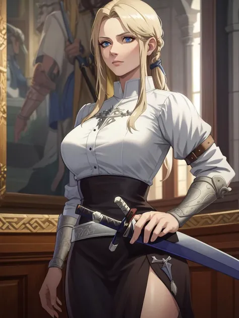 sfw, sheathed, sword, mature female viking, detailed, masterpiece, absurdres, best quality <lora:sheathedSword-000019:1>