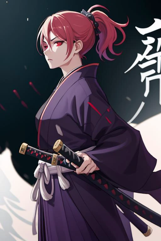 sheathed, katana, woman, ponytail, red eyes, samurai's robes, vibrant, colorful, emotionless, expression, rich background, detailed, masterpiece, absurdres, best quality, cowboy shot <lora:sheathedSword-000020:1>