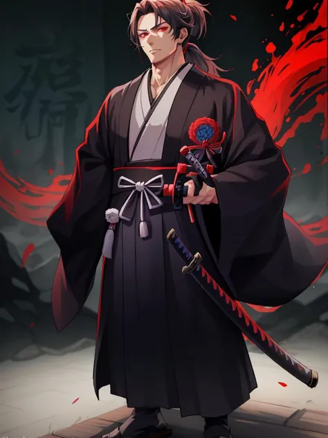 sfw, sheathed, [sword:katana:0.25], mature male, ponytail, red eyes, samurai's robes, vibrant, colorful, emotionless, rich background, detailed, masterpiece, absurdres, best quality, full body <lora:sheathedSword-000019:1>