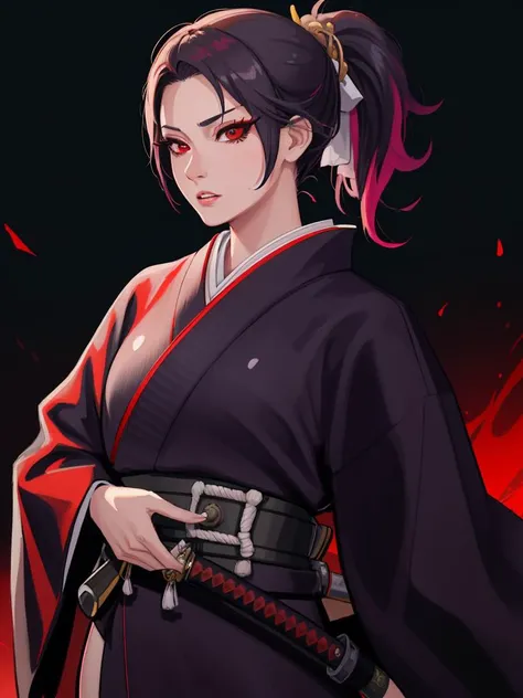 sheathed, [sword:katana:0.25], mature female:1.3, lips, long eyelashes, ponytail, red eyes, samurai's robes, vibrant, colorful, emotionless, expression, rich background, detailed, masterpiece, absurdres, best quality, cowboy shot <lora:sheathedSword-000020:0.85>