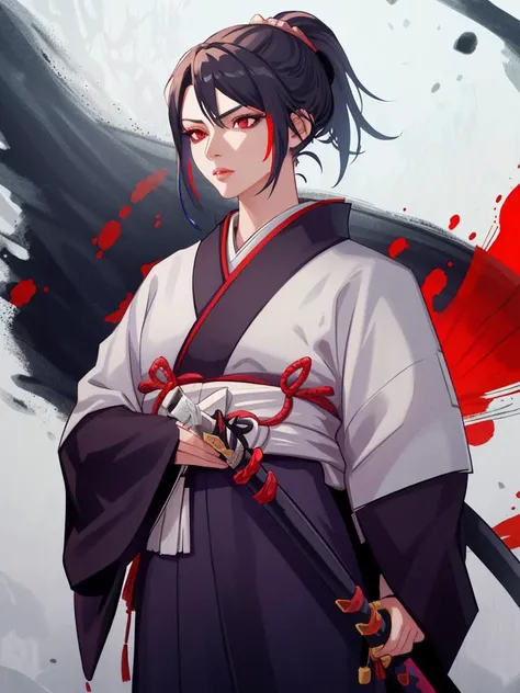 sfw, sheathed, [sword:katana:0.5], mature female, lips, ponytail, red eyes, samurai's robes, vibrant, colorful, emotionless, rich background, detailed, masterpiece, absurdres, best quality, cowboy shot <lora:sheathedSword-000019:1>