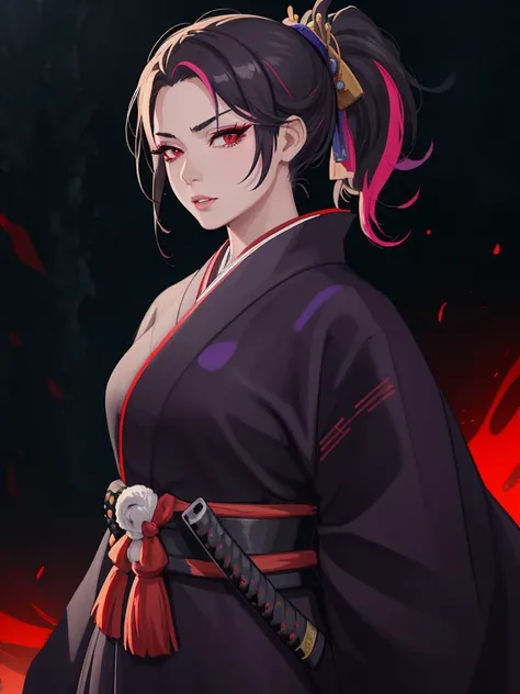 sheathed, katana, mature female:1.3, lips, long eyelashes, ponytail, red eyes, samurai's robes, vibrant, colorful, emotionless, expression, rich background, detailed, masterpiece, absurdres, best quality, cowboy shot <lora:sheathedSword-000020:0.85>