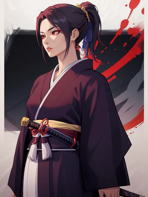 sheathed, katana, mature female, lips, ponytail, red eyes, samurai's robes, vibrant, colorful, emotionless, rich background, detailed, masterpiece, absurdres, best quality, cowboy shot <lora:sheathedSword-000019:1>