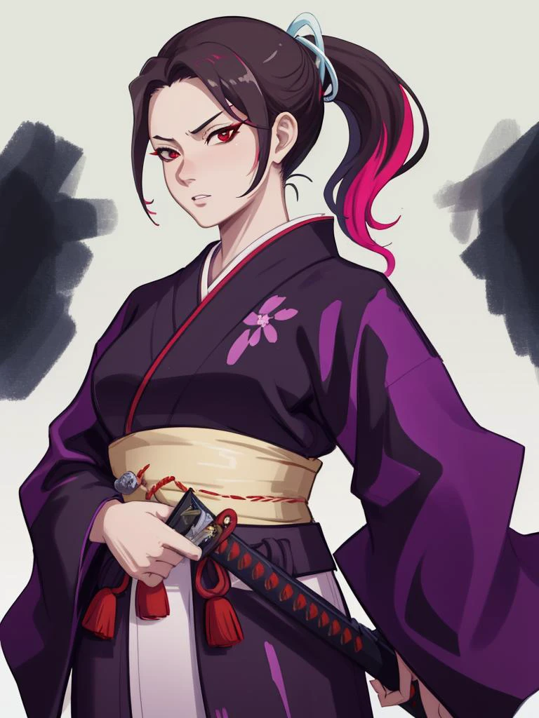 sheathed, katana, mature woman, milf, ponytail, red eyes, samurai's robes, vibrant, colorful, emotionless, expression, rich background, detailed, masterpiece, absurdres, best quality, cowboy shot <lora:sheathedSword-000020:1>
