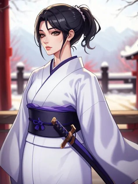 sfw, mature female:1.3, sheathed, sword:1.3, lips, kimino, long eyelashes, japanese clothes, black hair, ponytail, detailed, masterpiece, absurdres, best quality, cowboy shot <lora:sheathedSword-000019:1>