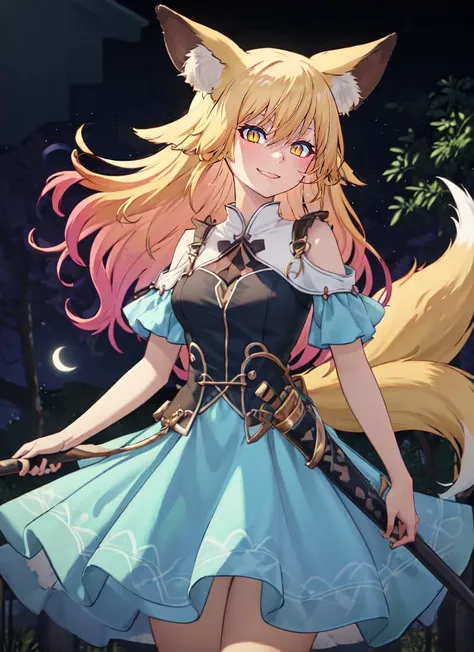 ((best quality)), ((highly detailed)), masterpiece, absurdres, detailed face, beautiful face, (detailed eyes, deep eyes), (1girl), cowboy shot, ((very wide shot)), kitsune, ((multiple tails)), fox tails, medium breasts, fox ears, yellow eyes, <lora:slit-pupils:1>, snake eyes, (sakura pink) hair, smiling, <lora:sheathedSword:.8>, sheathed, sword, (outside, at a pine_tree forest, night, night sky, stars, broken moon, shooting star, telescope), <lora:ManyakisStylev2:1>