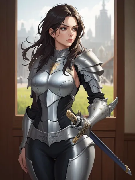 sfw, mature female:1.3, sheathed, sword, lips, serious, long eyelashes, wide hips, armor, long messy hair, detailed, masterpiece, absurdres, best quality, cowboy shot <lora:sheathedSword-000019:0.8>