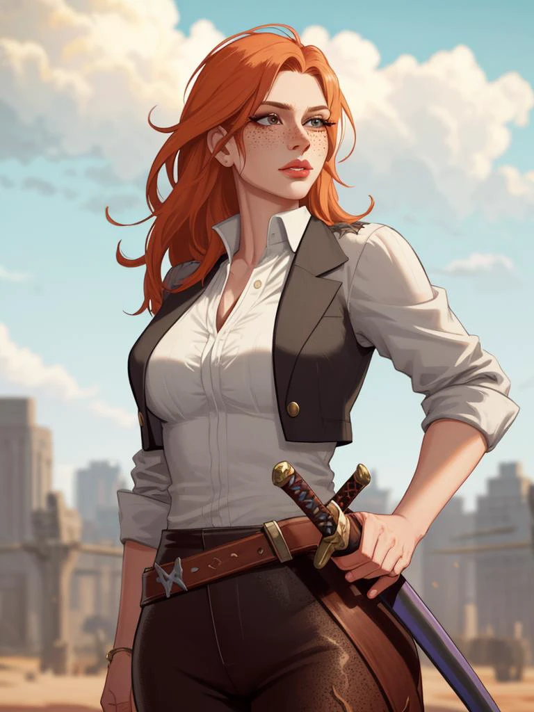 sfw, mature female:1.3, sheathed, sword:1.5, lips, barbarian, muscular, long eyelashes, clothed female, ginger messy long hair, freckles, detailed, masterpiece, absurdres, best quality, cowboy shot <lora:sheathedSword-000019:1>