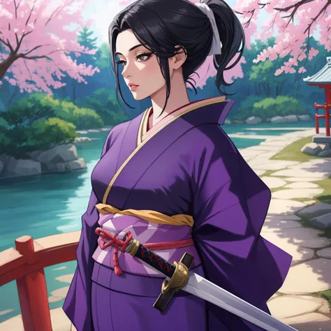 sheathed, sword, mature female:1.3, lips, kimono, long eyelashes, japanese clothes, black hair, ponytail, arms behind back, detailed, masterpiece, absurdres, best quality, cowboy shot <lora:sheathedSword-000020:0.8>