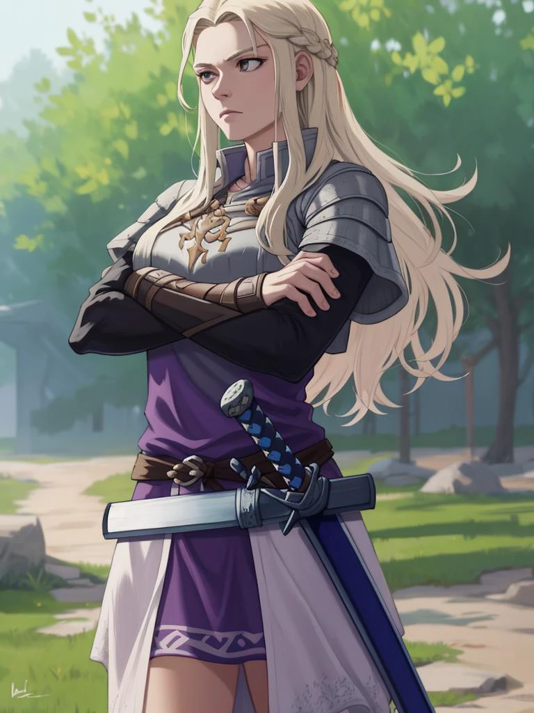sheathed, sword, crossed arms, mature female viking, detailed, masterpiece, absurdres, best quality <lora:sheathedSword-000020:1>