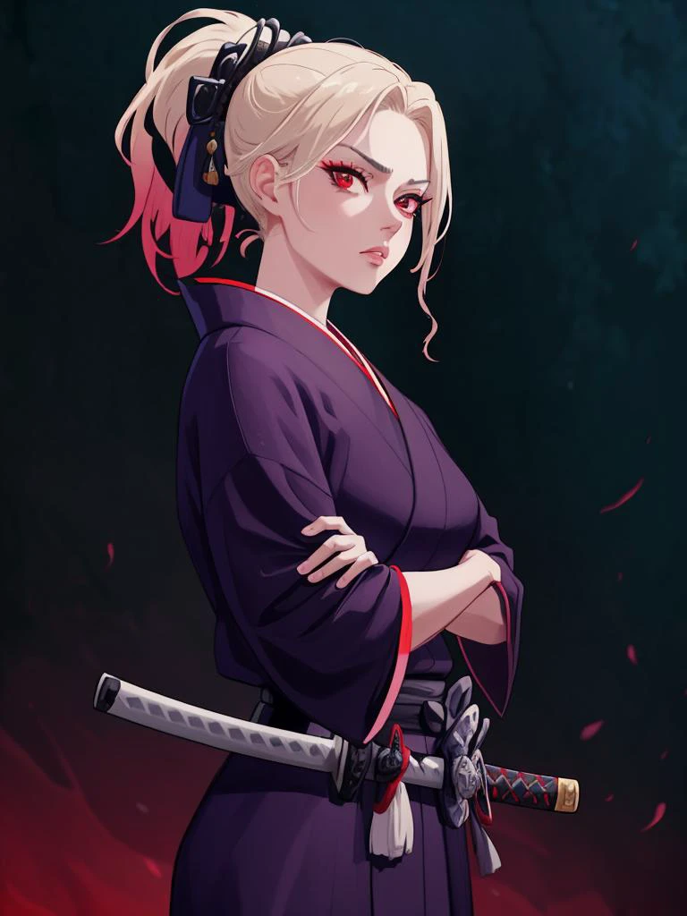 sheathed, [sword:katana:0.5], mature female, lips, long eyelashes, crossed arms, ponytail, red eyes, samurai's robes, vibrant, colorful, emotionless, rich background, detailed, masterpiece, absurdres, best quality, cowboy shot<lora:sheathedSword-000020:0.85>