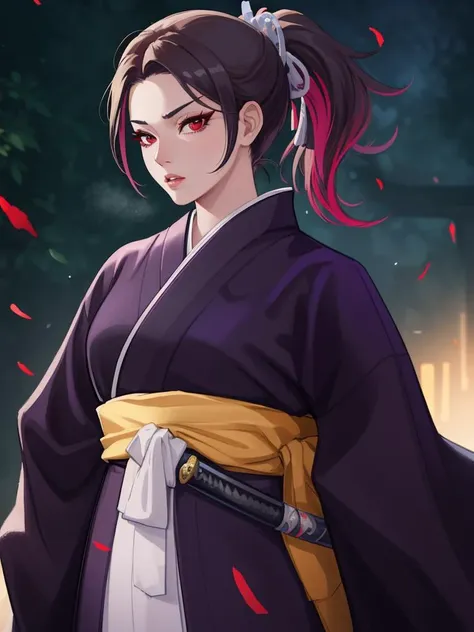 sheathed, [sword:katana:0.10], mature female:1.3, lips, long eyelashes, ponytail, red eyes, samurai's robes, vibrant, colorful, emotionless, expression, rich background, detailed, masterpiece, absurdres, best quality, cowboy shot <lora:sheathedSword-000020:1>