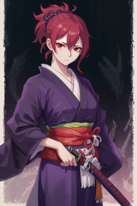 sheathed, katana, woman, ponytail, red eyes, samurai's robes, vibrant, colorful, emotionless, expression, rich background, detailed, masterpiece, absurdres, best quality, cowboy shot <lora:sheathedSword-000020:0.8>