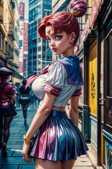 (ultra realistic,32k, masterpiece:1.2),(high detailed skin:1.1),( high quality:1.1),
<lora:ChibiChibi:0.6>pikkychibichibi,(scared:1.1), 1girl, jewelry, solo, heart, blue eyes, earrings, bow, brooch, heart brooch, hair bun, sailor collar, red hair, double bun, pink hair, skirt, sailor senshi uniform, magical girl, blue skirt, cyberpunk street market, tech peddlers, bootleg software, modified gadgets, back-alley deals blurry background,,(looking at viewer, standing:1.1),, huge breast,large breast,<lora:add_detail:0.99>,
(iridescence:1.1)