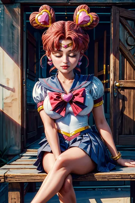 (ultra realistic,32k, masterpiece:1.2),(high detailed skin:1.1),( high quality:1.1),
pikkychibichibi,(closed eyes:1.1), 1girl, jewelry, solo, heart, blue eyes, earrings, bow, brooch, heart brooch, hair bun, sailor collar, red hair, double bun, pink hair, skirt, sailor senshi uniform, magical girl, blue skirt,(looking at viewer, sitting, crossed legs:1.1),, huge breast,large breast,(radiant:1.1)