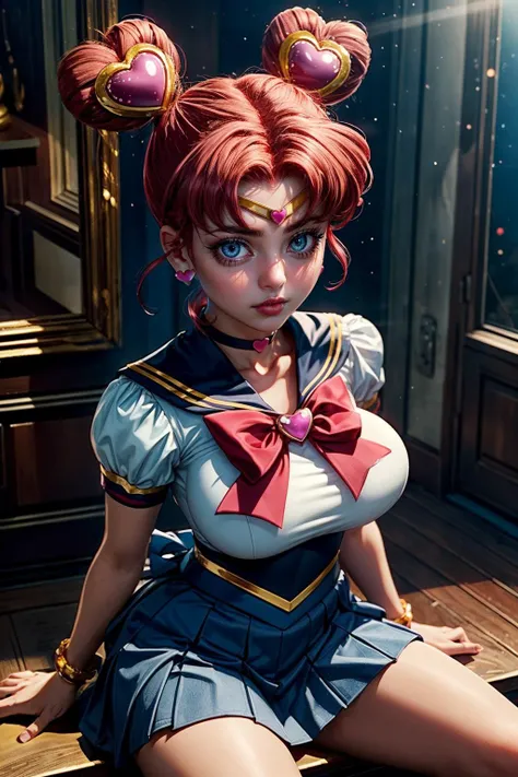 (ultra realistic,32k, masterpiece:1.2),(high detailed skin:1.1),( high quality:1.1),
<lora:ChibiChibi:0.6>pikkychibichibi,(despair:1.1),  1girl, jewelry, solo, heart, blue eyes, earrings, bow, brooch, heart brooch, hair bun, sailor collar, red hair, double bun, pink hair, skirt, sailor senshi uniform, magical girl, blue skirt,(looking at viewer, sitting:1.1),, huge breast,large breast,<lora:add_detail:0.79>,
(moody lighting:1.1)