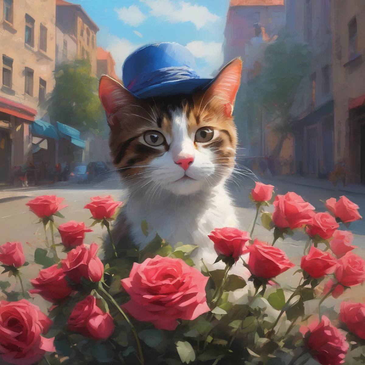 Alex Andreev style painting of happy anthropomorphic kitten holding roses bouquet and wearing fancy hat surrounded by pretty flowers in summer morning BREAK (professional painting, dynamic pose, dynamic composition, dynamic lighting, realistic proportions, extreme detailed, intricate details, hdr, raytracing, ultra detailed, highly detailed atmosphere, highly detailed textures)