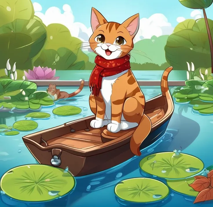 leaf, water, boat, no humans, green scarf, watercraft, animal, holding, brown eyes, scarf, cat, outdoors, :3, open mouth, looking at viewer, smile, animal focus, lily pad
