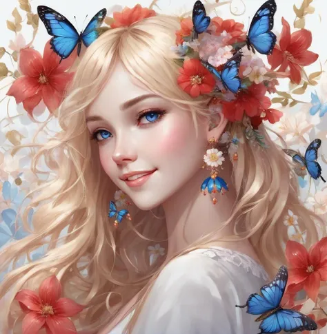 1girl, flower, bug, butterfly, smile, earrings, long hair, jewelry, solo, looking at viewer, blue eyes, blue butterfly, hair ornament, blush, closed mouth, bangs, red flower, hair flower, blonde hair, upper body, holding, petals, hair between eyes, animal, white flower, flower earrings