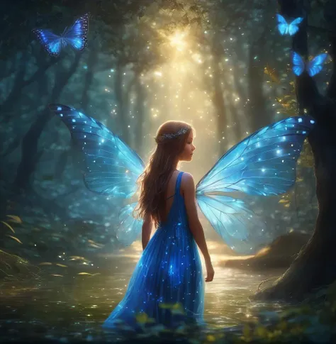 1girl, nature, forest, wings, butterfly, bug, tree, solo, long hair, dress, light particles, fairy, outdoors, scenery, glowing, water, fantasy, butterfly wings, blurry, barefoot, fairy wings, blue dress, depth of field, fireflies