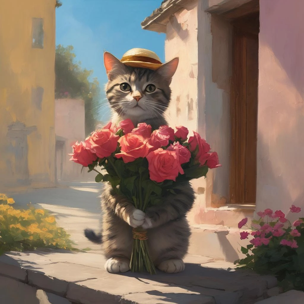 Alex Andreev style painting of happy anthropomorphic kitten holding roses bouquet and wearing fancy hat surrounded by pretty flowers in summer morning BREAK (professional painting, dynamic pose, dynamic composition, dynamic lighting, realistic proportions, extreme detailed, intricate details, hdr, raytracing, ultra detailed, highly detailed atmosphere, highly detailed textures)