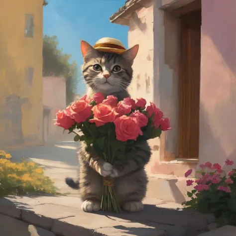 Alex Andreev style painting of happy anthropomorphic kitten holding roses bouquet and wearing fancy hat surrounded by pretty flowers in summer morning BREAK  (professional painting, dynamic pose, dynamic composition, dynamic lighting, realistic proportions, extreme detailed, intricate details, hdr, raytracing, ultra detailed, highly detailed atmosphere, highly detailed textures)