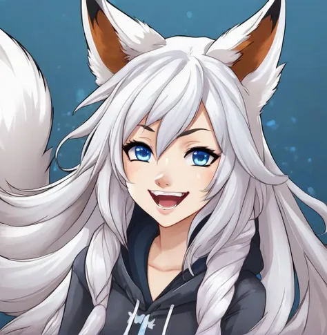 1girl, fangs, tail, solo, blue eyes, animal ears, looking at viewer, open mouth, fox tail, hair between eyes, white hair, fox ears, bangs, multiple tails, animal ear fluff, fox girl, letterboxed, long hair, hood down, blush, portrait, :d, smile, hood, ahoge