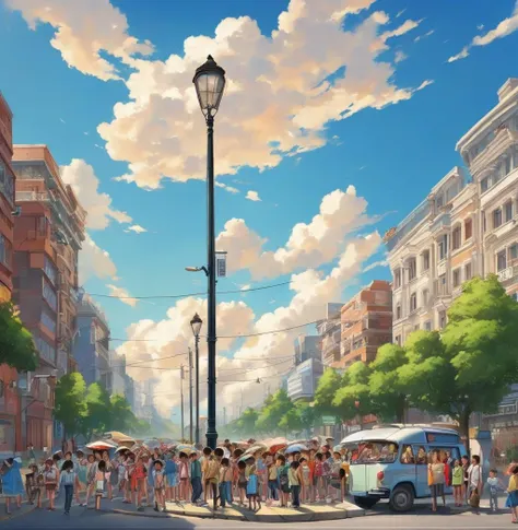 scenery, multiple girls, sky, outdoors, lamppost, multiple boys, city, cloud, tree, day, road, building, 6+boys, crowd, people, 6+girls