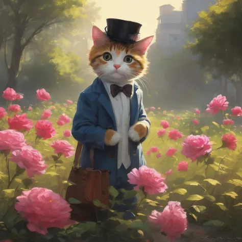 Alex Andreev style painting of happy anthropomorphic kitten holding roses bouquet and wearing fancy hat surrounded by pretty flowers in summer morning BREAK  (professional painting, dynamic pose, dynamic composition, dynamic lighting, realistic proportions, extreme detailed, intricate details, hdr, raytracing, ultra detailed, highly detailed atmosphere, highly detailed textures)