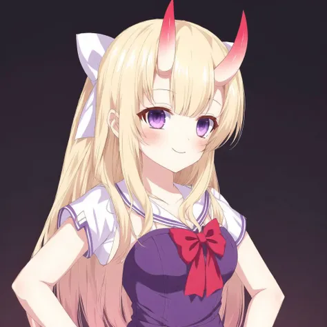 <lora:onihors:1>, oni horns, oni, horns, 1girl, alphes \(style\), blonde hair, bow, dress, hair bow, hands on hips, looking at viewer, parody, smile, solo, style parody, violet eyes, wings