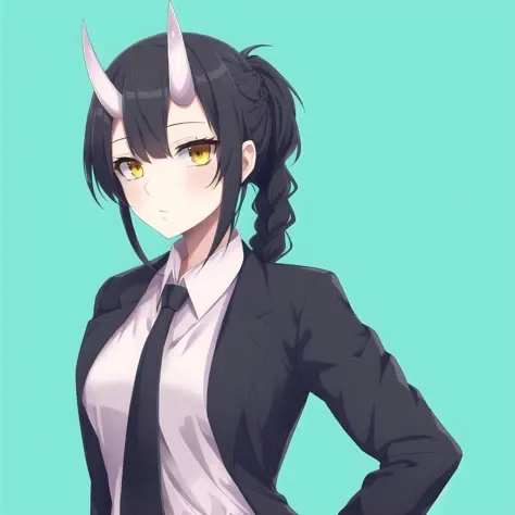 <lora:onihors:1>, oni horns, oni, horns, 1girl, arm at side, arm behind back, bangs, black neckwear, black pants, bottomless, braid, braided ponytail, breasts, brown hair, business suit, collared shirt, expressionless, eyebrows visible through hair, formal, highres, looking at viewer, medium hair, necktie, neckwear, pants, red background, ringed eyes, shirt, shirt tucked in, simple background, solo, suit, unknown0791, white shirt, yellow eyes