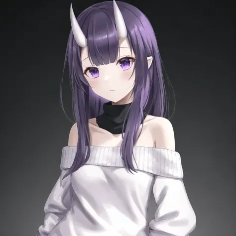 <lora:onihors:1>, oni horns, oni, horns, 1girl, bangs, bare shoulders, copyright name, drill hair, lia kulea, long sleeves, looking at viewer, off-shoulder sweater, off shoulder, purple hair, shadow, signature, skeletal arm, skeletal hand, solo, spikes, star \(symbol\), sweater, twin drills, upper body, violet eyes, watch, white sweater