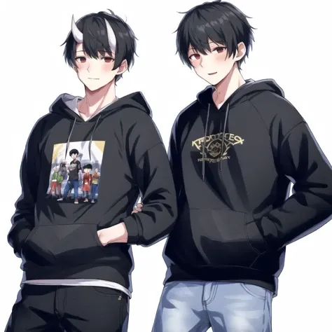 <lora:onihors:1>, oni horns, oni, horns, 2boys, black hair, bowl cut, brothers, comic, denim, groping, hoodie, jeans, male focus, multiple boys, pants, shorts, siblings, sleeves past wrists, smile, t-shirt