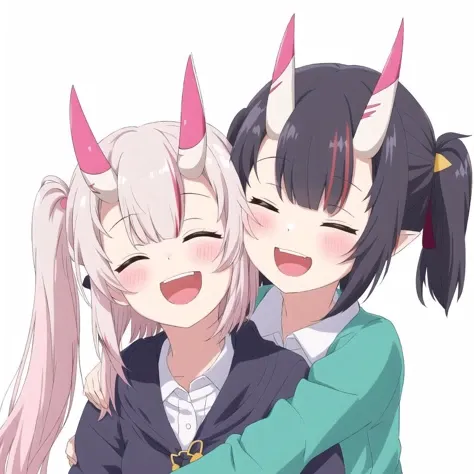 <lora:onihors:1>, oni horns, oni, horns, 2girls, :d, ^ ^, ^o^, ahoge, antennae, aqua hair, arm grab, bangs, blunt bangs, blush stickers, closed eyes, closed mouth, eyebrows visible through hair, hair between eyes, highres, hug, hug from behind, laughing, long hair, multicolored hair, multiple girls, older, open mouth, outline, partially colored, pink hair, pink outline, pink sweater, pointy ears, raised eyebrows, round teeth, shadow, short hair, simple background, sketch, smile, streaked hair, sweater, teeth, thick eyebrows, twintails, upper body, upper teeth, v-shaped eyebrows, white background, yellow sweater, yuri, > <