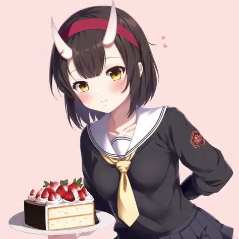 <lora:onihors:1>, oni horns, oni, horns, 1girl, black hair, blush, bodysuit, brown hair, cake, food, gloves, hachimaki, hair flaps, hairband, headband, highres, pleated skirt, school uniform, serafuku, short hair, skirt, solo, yellow eyes
