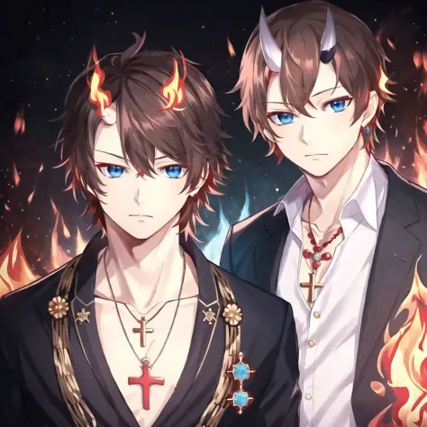 <lora:onihors:1>, oni horns, oni, horns, blue eyes, brown eyes, brown hair, child, cross, cross necklace, facial hair, fire, formal, gem, goatee, jewelry, male, mask, multiple boys, necklace, staff, suit, time paradox, young